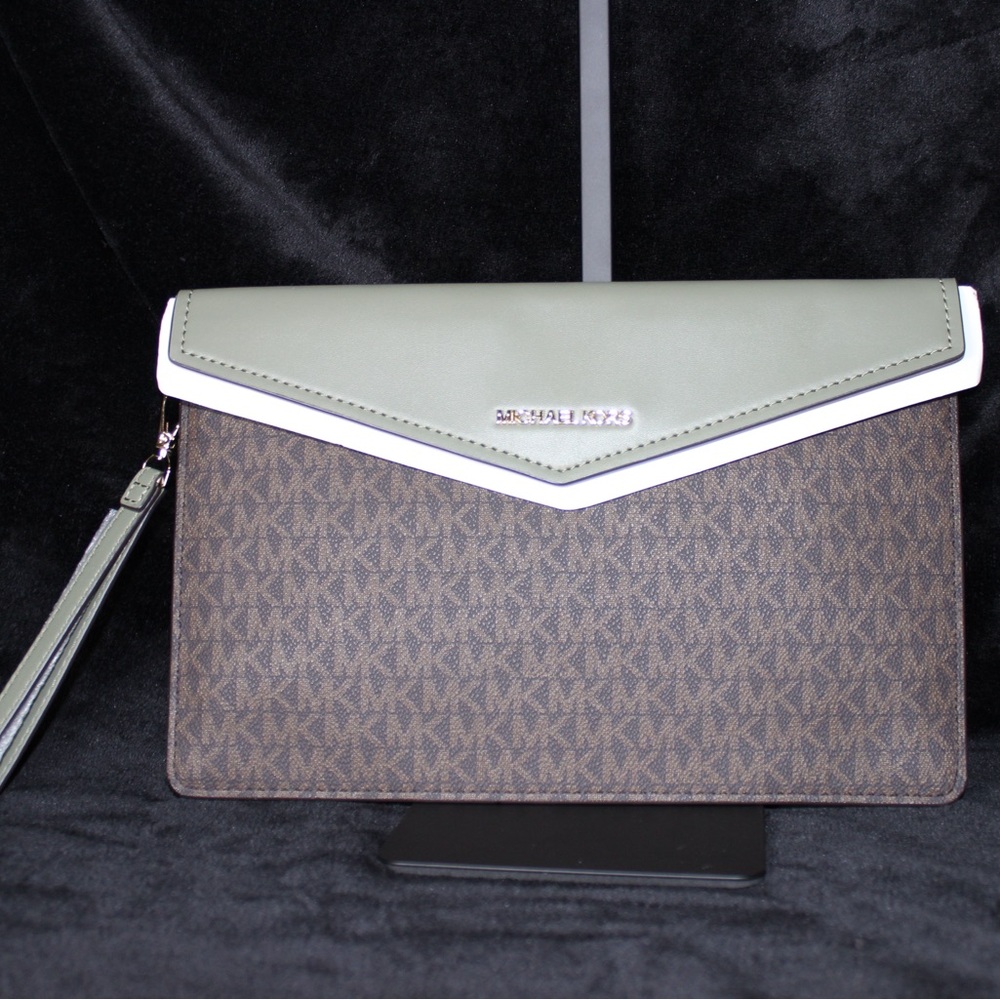 EUC Michael Kors Olive and Brown Monogram Clutch